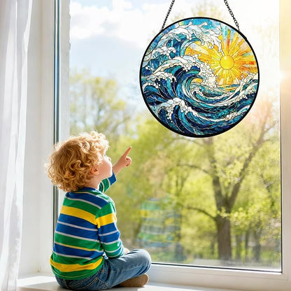 Stained Glass Window Hanging, Sun and Sea Waves Stained Glass Suncatcher, Window Decor Sea Wave Scenery Lover Gift for Women, Couples, Best Friend, Family, Colleague, Classmate 7.8 Inch