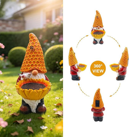 Sunflower Gnome Statue with Solar LED Lights, Solar Powered Garden Gnome for Outdoor Decor, Auto On/Off Waterproof Yard, Patio, Lawn Ornament, Unique Gift for Mother’s Day & Housewarming