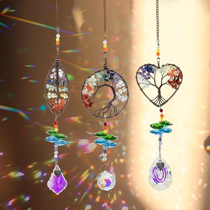 MrMrKura Tree of Life Crystal Suncatcher for Window Hanging, 3 Pieces Rainbow Maker with Prisms Decorative Sun Catcher Crystals Ornament for Indoor Home Decor