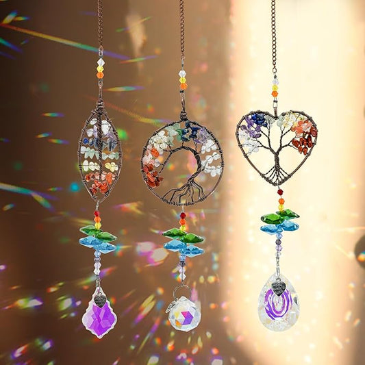 MrMrKura Tree of Life Crystal Suncatcher for Window Hanging, 3 Pieces Rainbow Maker with Prisms Decorative Sun Catcher Crystals Ornament for Indoor Home Decor