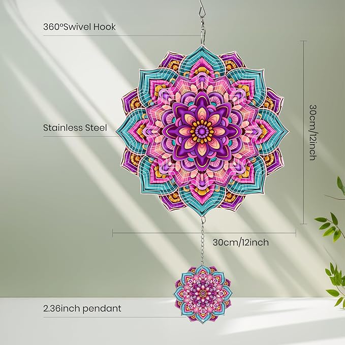 Wind Spinners Outdoor Flower Boho, 12 inch Laser Cut Metal Art Geometric Pattern Wind Spinners Hanging Kinetic for Yard, Garden, Patio, Outdoor - Craft Decor Birthday Gifts for Women, Men, Mom