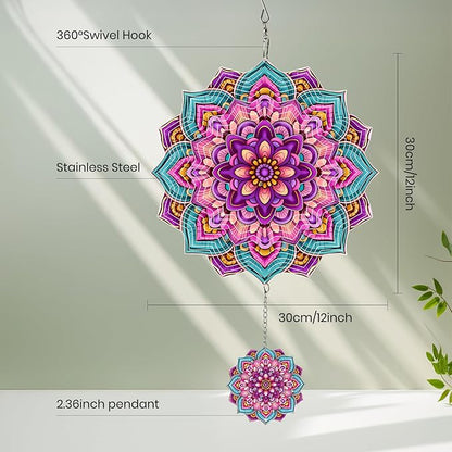 Wind Spinners Outdoor Flower Boho, 12 inch Laser Cut Metal Art Geometric Pattern Wind Spinners Hanging Kinetic for Yard, Garden, Patio, Outdoor - Craft Decor Birthday Gifts for Women, Men, Mom
