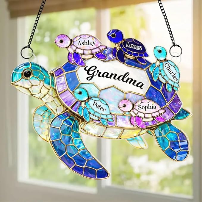 Personalized Sea Turtle Family Sun Catcher Gift for Mom Grandma, Custom Grandma and Grandkids Turtle Acrylic Window Hanging Decor Gift for Mothers Day, Faux Stained Glass Ocean Decor