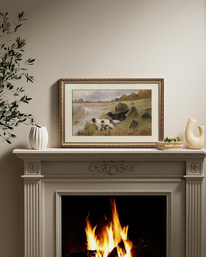 ARPEOTCY Vintage Gold Framed Large Wall Art, Retro River Dog Landscape Paintings, Canvas Prints Artwork with Antique Frame, Victorian Wall Picture Decor for Room Gallery Living Room, 16x24 inch
