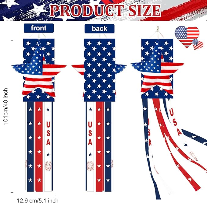 40 Inches USA Star Windsock Decoration, Patriotic Themed Hanging Wind Sock Ornament with Red, White, Blue Streamers, 'USA' Lettering, and Stars for 4th of July, Memorial Day, Veterans Day Decor