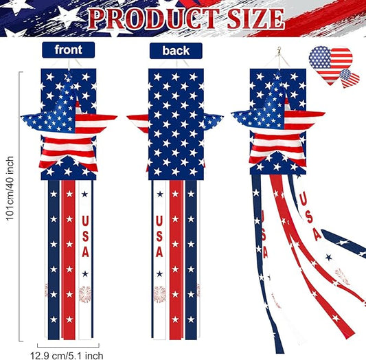 40 Inches USA Star Windsock Decoration, Patriotic Themed Hanging Wind Sock Ornament with Red, White, Blue Streamers, 'USA' Lettering, and Stars for 4th of July, Memorial Day, Veterans Day Decor