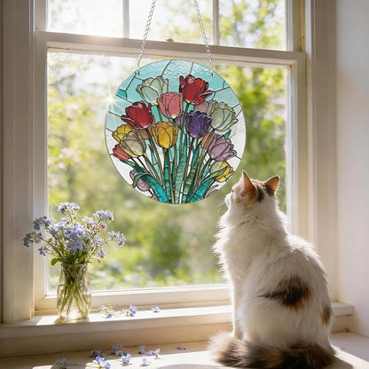 Tulips Suncatchers Windows Hanging, Acrylic Hanging Sun Catcher, Colorful Window Decoration, Indoor Windows Wall Art, Home Garden Decor, Gift for Flower Lover Women Mother's Day Christmas