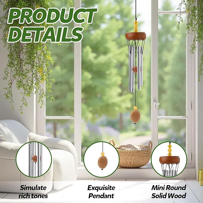 10.6'' Aluminium Mini Wind Chimes with 4 Rods, Memorial Wind Chimes for Outside Small Gifts Deep Tone Unique Garden Patio Hanging Home Decor Brown