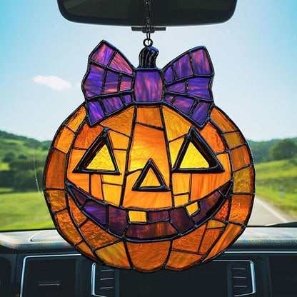 Jack-o'-Lantern Purple Tie Acrylic Suncatcher Stained Glass Effect Window Car Hanging Christmas Ornament Indoor Outdoor Decor Garden Sun Catcher Panel for Halloween Lover for Women Mom Grandma
