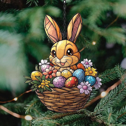 Warm Mosaic Bunny Easter Basket Acrylic Suncatcher Stained Glass Effect Window Car Hanging Christmas Ornament Indoor Outdoor Decor Garden Sun Catcher Panel for Easter Lover for Women Mom Grandma