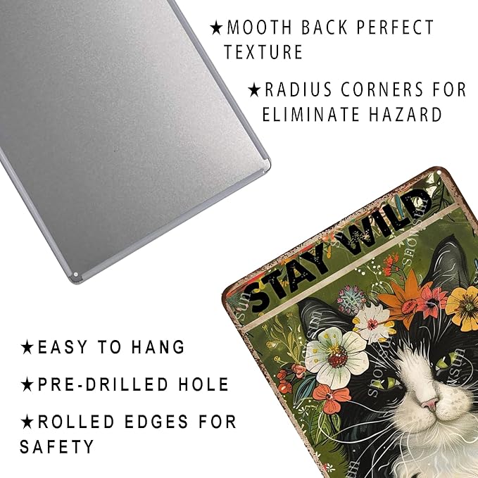 snowsun Vintage Metal Signs Cat Stay Wild Flower Child Funny Tin Sign Home Decor Wall Plaque for Living Room Bedroom Garden Yard Cafe Garage 8×12 Inches