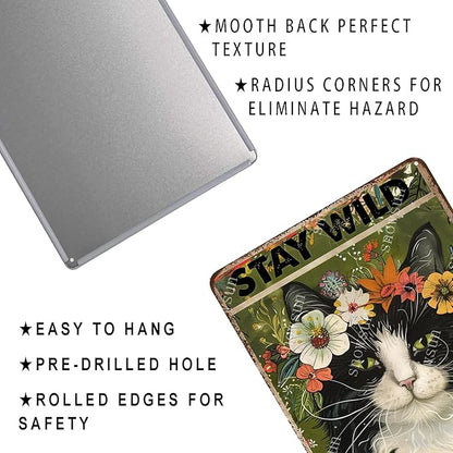 snowsun Vintage Metal Signs Cat Stay Wild Flower Child Funny Tin Sign Home Decor Wall Plaque for Living Room Bedroom Garden Yard Cafe Garage 8×12 Inches
