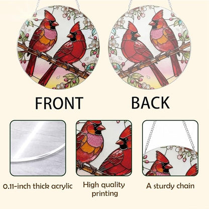 2 Cardinals Acrylic Suncatcher, Red Birds Suncatcher Wall Art, Hand-Painted Sun Catcher Garden Hangings, Decorative Hanging Suncatchers for Window Door Decoration, Memorial Gift