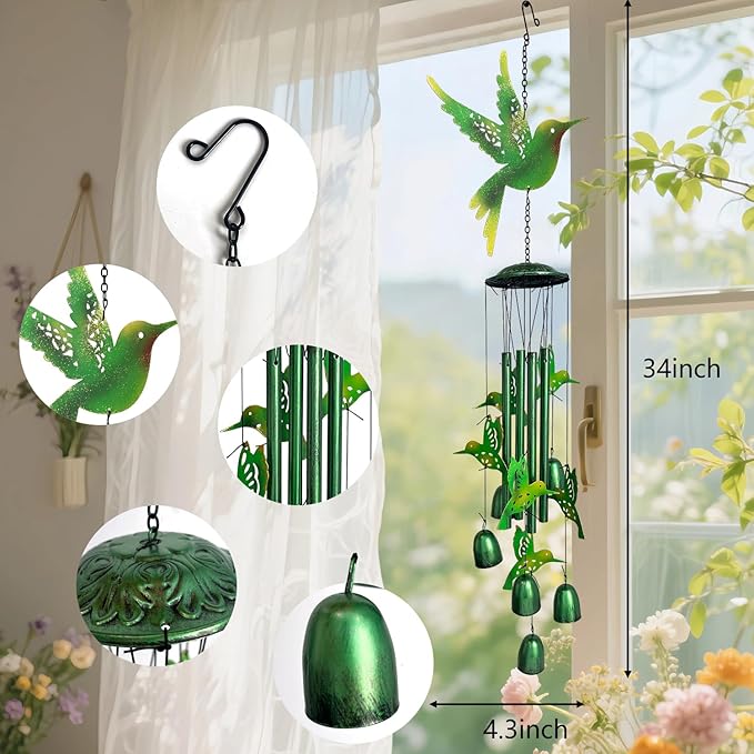 HONGLAND Wind Chimes for Outside,34" Hanging Metal Hummingbird Windchimes Outdoor,Unique Memorial Wind Chimes for Mom/Grandma,Home Decorative Ornaments for Garden, Patio, Yard Decor - Green