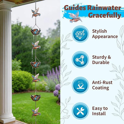 9.2ft Rain Chains for Gutters Outside,Rain Catcher Chain with 6 Lotus Rain Metal Cups & 7 Hummingbird Decor,Adjustable Rain Catcher Chain Replacement Downspout for Gutters,Drainage & Eaves