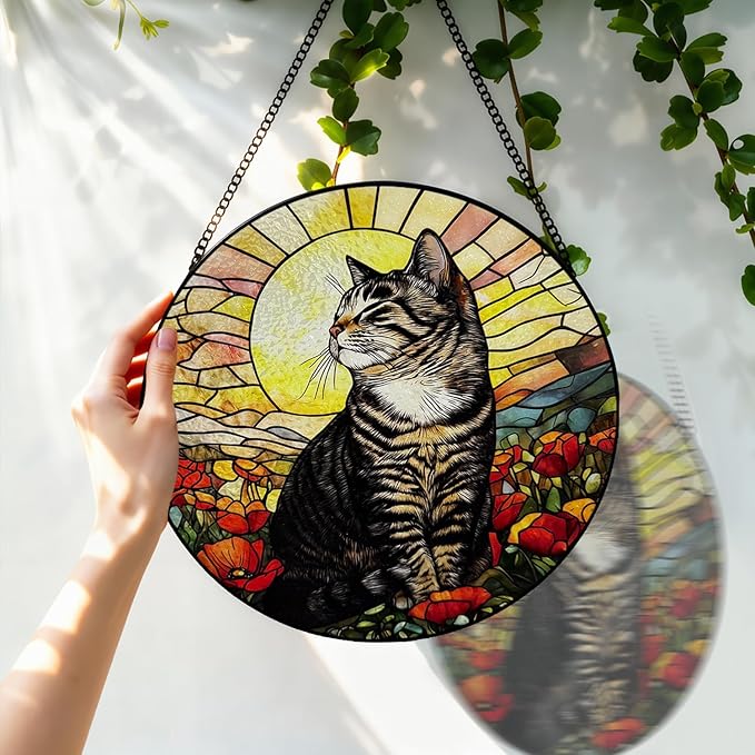 Stained Glass Window Hanging, 8 Inch Tabby Cat Suncatcher, Sun Catchers Indoor Window Ornaments, Suncatchers for Windows Hanging, Spring Home Garden Decor Panel Cat Lovers Gifts for Mom Grandma Wife