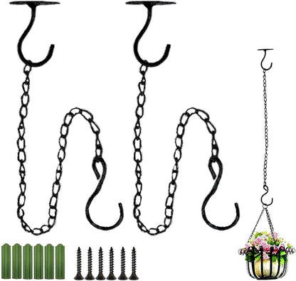 TIHOOD 2PCS Wall Mount Ceiling Hooks, Metal Plant Bracket Iron Wall Mount Lanterns Hangers for Hanging Bird Feeders, Lanterns, Wind Chimes, Planters, Outdoor Decoration Hooks (Black(with chain))