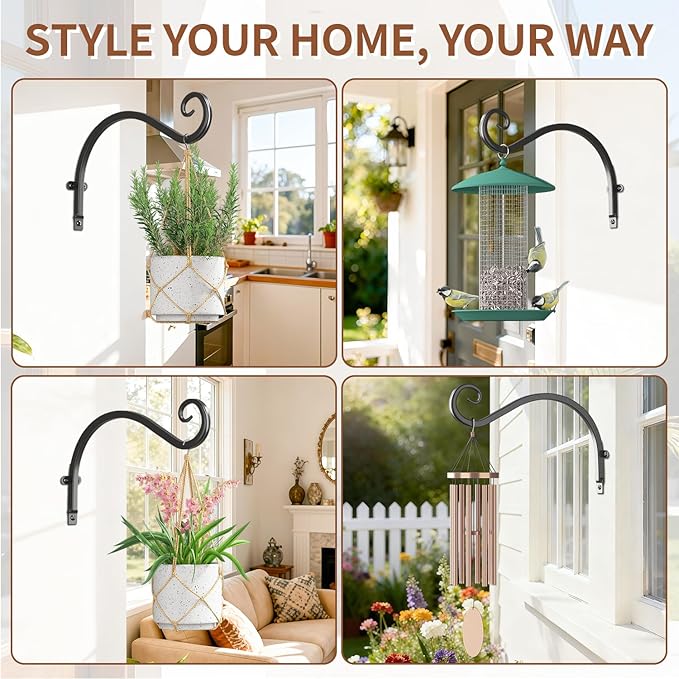 LASZOLA 4 Pack 12 Inch Hanging Plant Brackets, Heavy Duty Iron Wall Hooks for Planter, Bird Feeder, Wind Chime, Lantern, Rust Proof Decorative Hangers for Indoor Outdoor Garden Patio Fence, Black