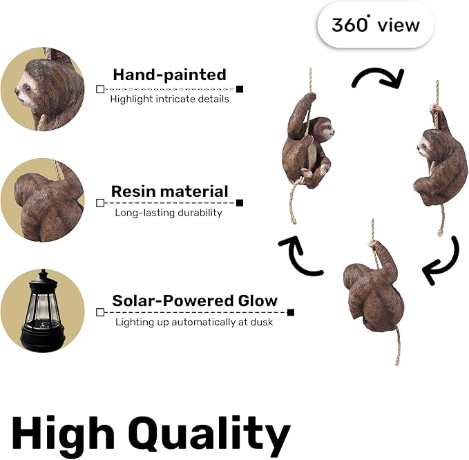 Solar Sloth Hanging Statue with Lantern – Indoor Outdoor Climbing Sloth Decor for Garden Yard Porch Balcony, Cute Animal Yard Art, Housewarming for Mom Grandma Women