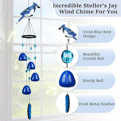 Bird Wind Chimes for Outside，Steller'Jay Bird Gifts，Blue Bird Wind Chimes Outdoor Decorations, Mother‘s Day Gifts for Mom/Grandma,Garden Patio Backyard Hanging Decor.