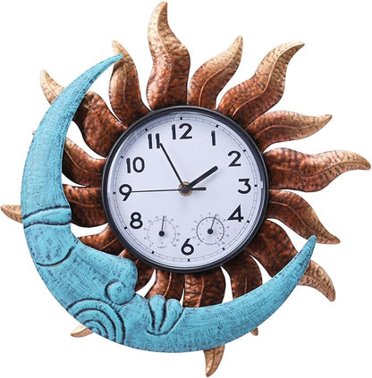 MUMTOP 14 Inch Sun and Moon Outdoor Clock, Outside Waterproof Wall Clock with Thermometer for Patio Pool Living Room Home Decor