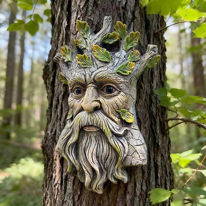 Tree Face Garden Statues Outdoor Decoration, Whimsical Tree Faces Clearance Old Man for Stump Hugger Sculpture, Wallmount Statue Art with Leaf, Yard Fence Hanging Decor, 6.7" x 2.8" x 9.8"