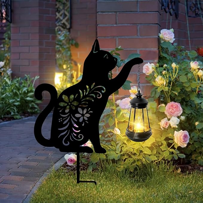 Bshine Cat Solar Light Outdoor Garden Decoration, Waterproof Metal Stake Black Outdoor Statue Lantern, Lawn Ornaments for Yard, Path, Patio, Sculpture Black Cat Memorial Gift