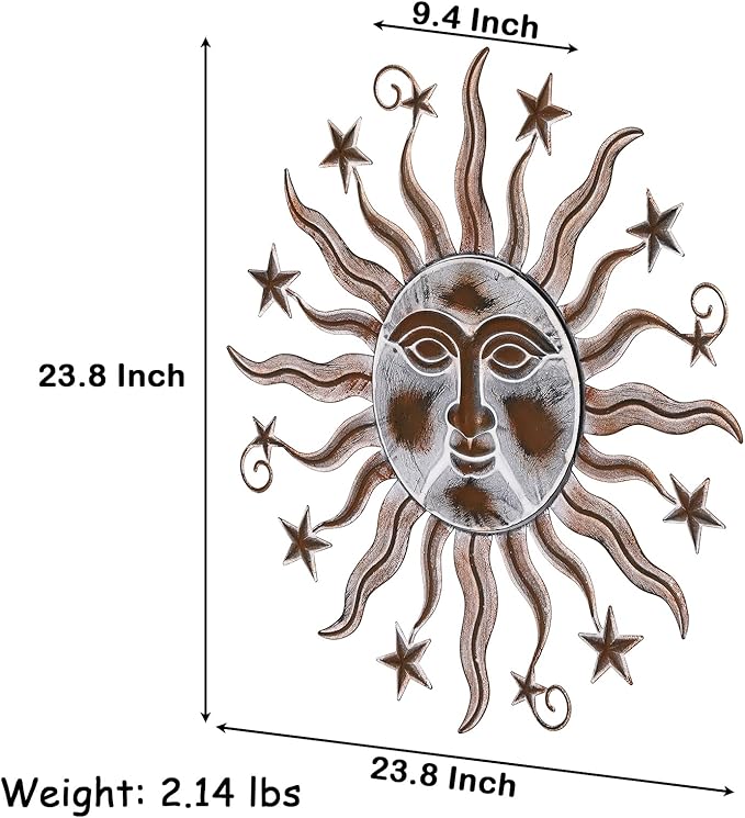 TICKCACY Metal Sun Wall Art Sculpture Decor, 23.8” Vintage Sun and Star Wall Hanging Decoration for Indoor Outdoor Living Room Farmhouse Yard Garden Patio