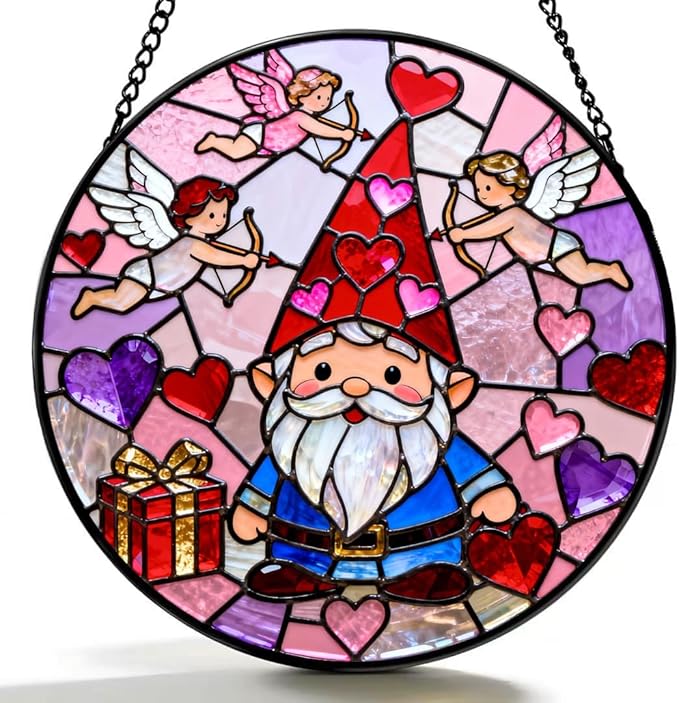Funoasis Valentine's Day Stained Glass Suncatcher - Cupid and Heart 6.3 Inches Ornaments Gift for Lovers and Spouse