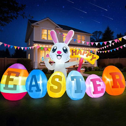 7FT Long Easter Inflatables Outdoor Decoration Inflatable Bunny with Happy Easter Built in LED Lights Bunny Blow Up Yard Decoration for Lawn Garden Holiday Party(with Storage Bag)