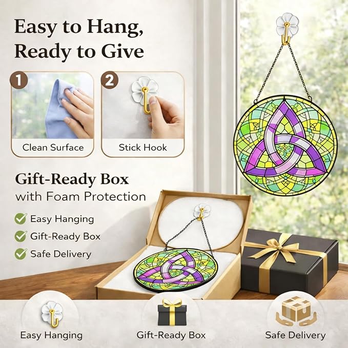 Celtic Trinity Knot Suncatcher Window Hanging, 7.8" Stained Glass Decor, Symbolic Gift for Mom, Grandma and Loved Ones, Irish Home Decor for Window, Wall, Living Room and Sunroom