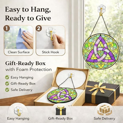 Celtic Trinity Knot Suncatcher Window Hanging, 7.8" Stained Glass Decor, Symbolic Gift for Mom, Grandma and Loved Ones, Irish Home Decor for Window, Wall, Living Room and Sunroom