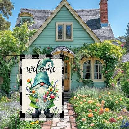Welcome Spring Summer Gnome Garden Flag Colorful Floral Buffalo Plaid Garden Flags Small Burlap Lawn Seasonal Wildflowers Home Flags Outside Yard 12x18 Inch Double Sided