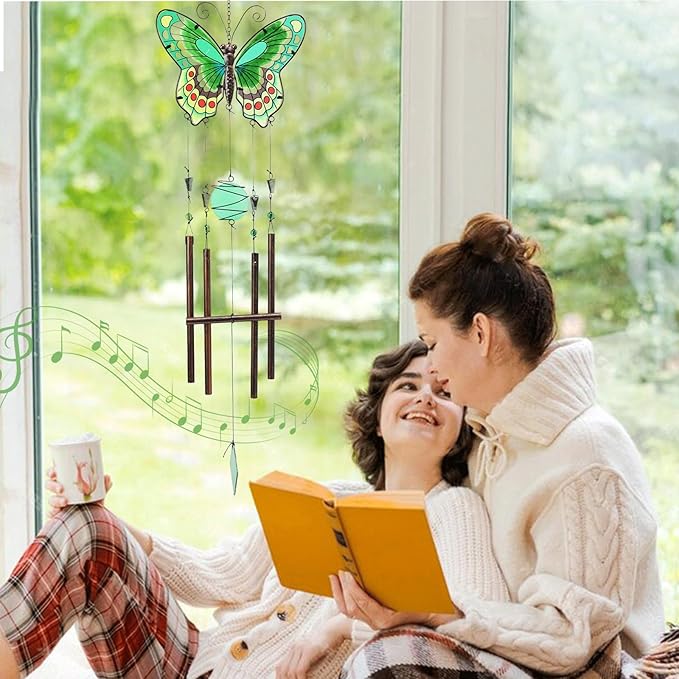 MUMTOP Butterfly Wind Chimes for Outside, Stained Glass Wind Chime Windchimes for Patio, Outdoor,Garden,Yard,Coastal,Window,Home Decor or Gifts for Women(Green)