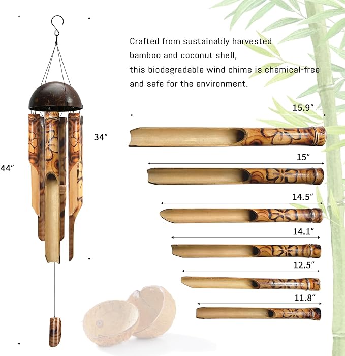 ASTARIN Bamboo Wind Chimes for Outside,Handcrafted Wooden Wind Chimes for Outside with Coconut Crown, Floral Burned Design Bamboo Windchimes for Garden,Yard,Home(44 Inch) (FSC Certified)