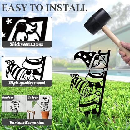 WADORN Funny Climbing Ladder Gnomes Metal Decorative Garden Stakes, Black Gnome Theme Outdoor Statues Silhouette Gnomes Lover Gifts Stakes Ornaments for Yard Art Garden Patio Backyard Lawn Decors