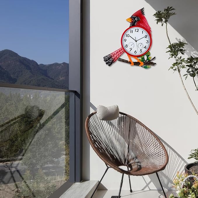 Large Outdoor Clock with Thermometer & Humidity - Silent Non-Ticking, Cardinal Outdoor Wall Clock for Patio, Garden, Kitchen, Living Room(Red)