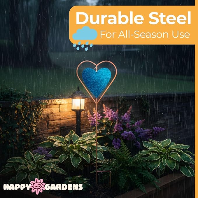 Happy Gardens Metal Garden Stake with Blue Heart Spinner (27” Tall - Glossy, Textured Finish) Decorative Large Outdoor Yard Art, and Outside Decor