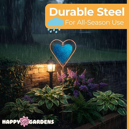 Happy Gardens Metal Garden Stake with Blue Heart Spinner (27” Tall - Glossy, Textured Finish) Decorative Large Outdoor Yard Art, and Outside Decor