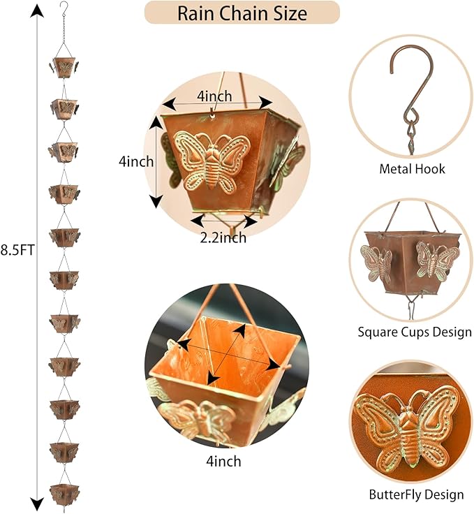 8.5 FT Golden Rain Chain with Butterfly Design - Decorative Downspout Alternative, Rustproof & Heavy Duty for Outdoor Water Drainage - Easy to Install, Prevents Splashing (Butterfly Cup Design)