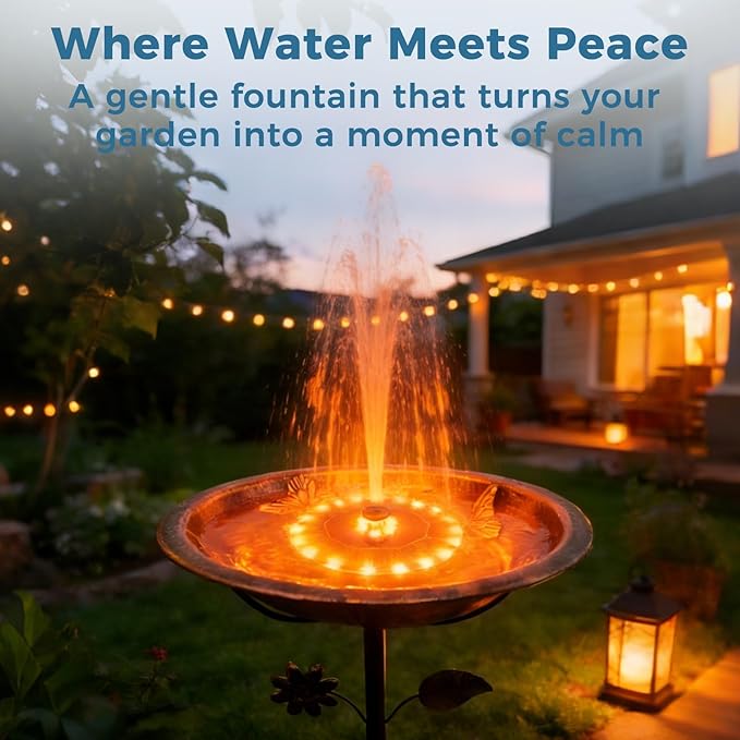 Solar Fountain for Bird Bath with Colorful LED Lights, Floating Solar Fountain, 3W Solar Powered Water Fountain Pump with Strong Spray & 5 Nozzles for Garden, Pond, Pool, 26 LED Lights