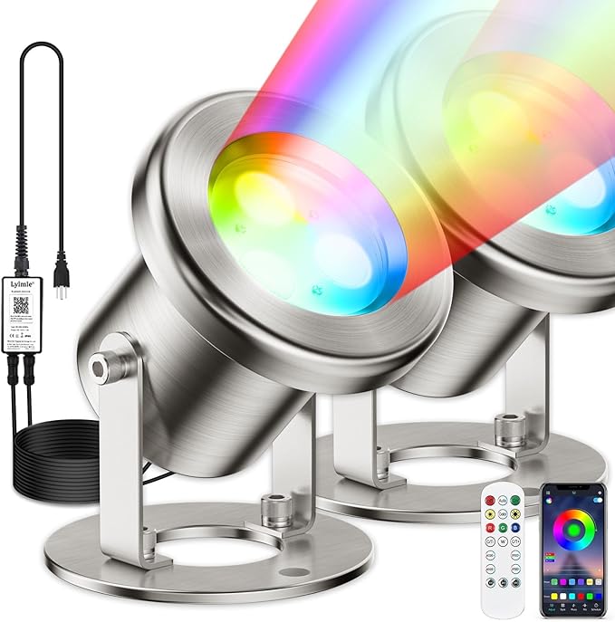 LyLmLe LED Pond Lights with APP Control, 6W SS316 Stainless Steel RGB Underwater Fountain Light with 12V Transformer, IP68 Waterproof Outdoor Underwater Lights for Pond Waterfall, Black Wire(2-Spots)