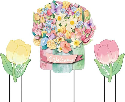 3Pcs Hello Spring Welcome Flower Yard Stakes Metal Floral Outdoor Decor, 2-in-1 Decorative Tulip Flower Sign for Garden Patio Yard Wall Hanging Floral Ornaments with Rope Rustic Spring Decor