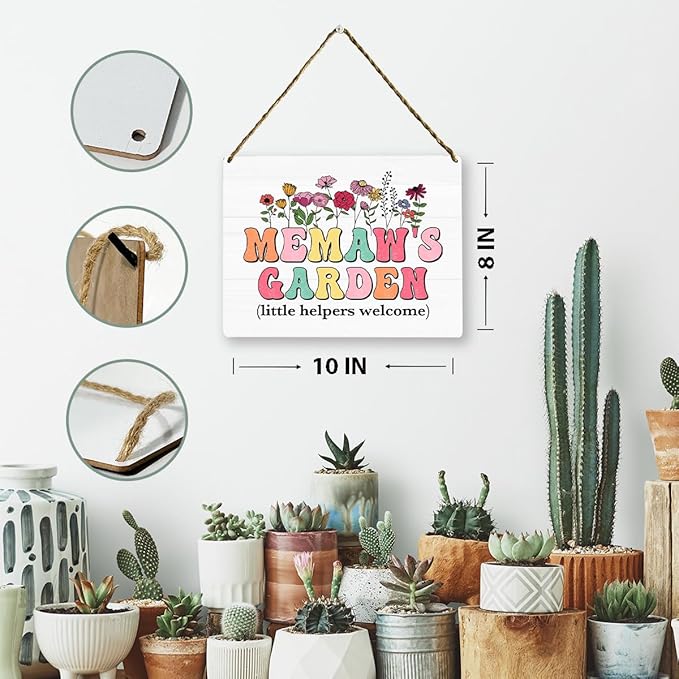 Memaw's Garden Wooden Sign Decor, Indoor Decoration Hanging Signs 8x10 Inches, Outdoor Garden Decor Yard Wall Hanging Decor Sign, Mothers Day Gifts Birthday Gifts for Mom Grandma