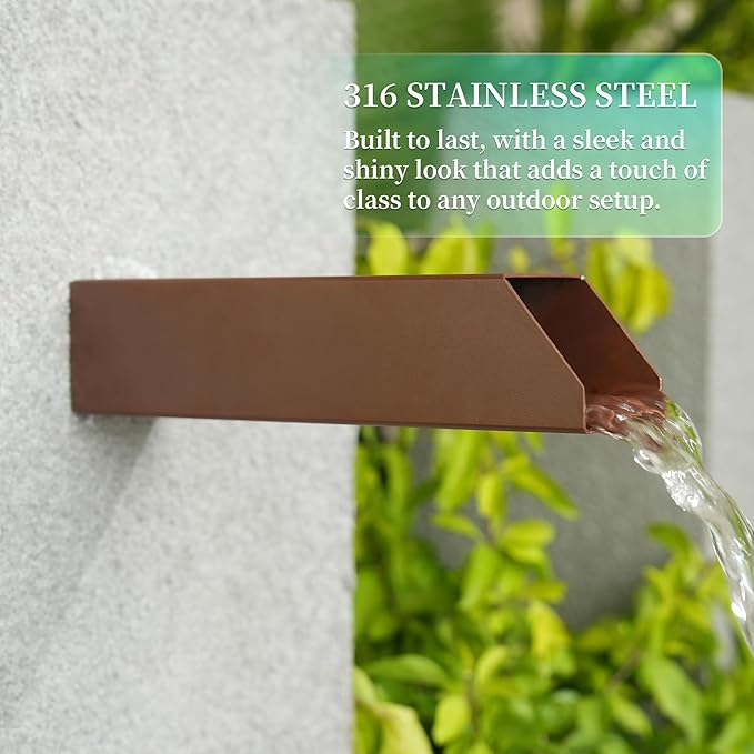 2 Inch 316 Stainless Steel Square Outdoor Water Fountain Spout, Waterfall Spillway Scupper with Integrated Spray Baffle for Landscape Decors, Pools, Ponds, Water Walls (Brown)