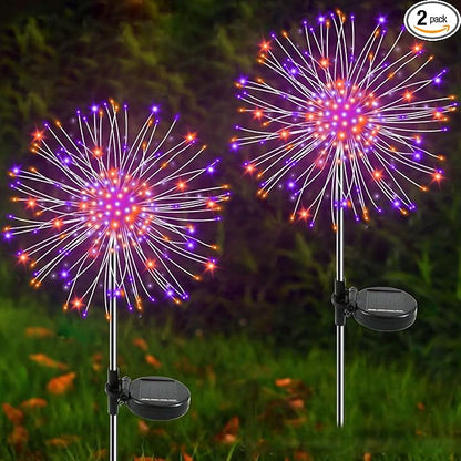 Solar Garden Lights Outdoor, 2 Pack 120 LED Twinkling Firework Lights Decorative with 2 Modes, Outdoor Waterproof Solar Starburst Light for Outside Yard Pathway Garden Decor, Purple + Orange
