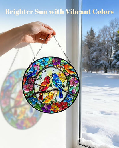 Stained Glass Window Hanging, Birds Sun Catchers Glass Panel, Suncatcher Window Decor 8", Birthday for Women Men Mom and Friend Colleague