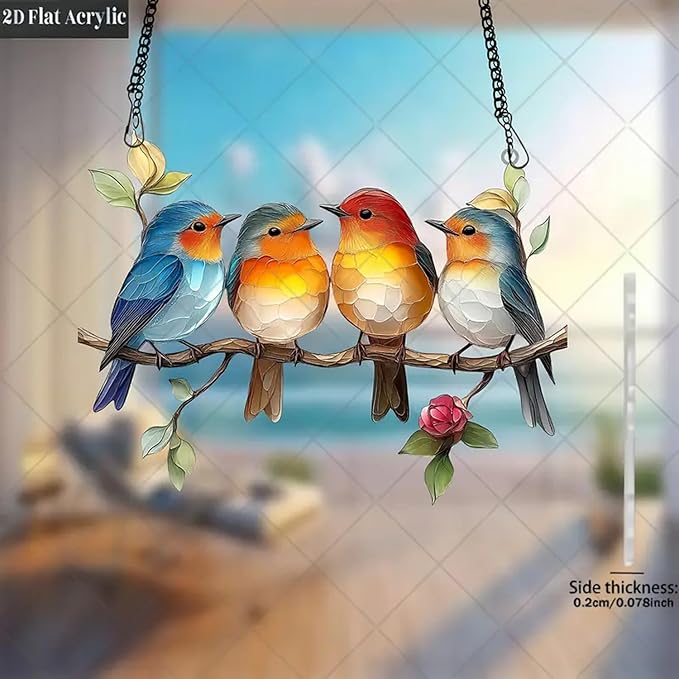Birds On Branch Stain Glass Window Hanging Hummingbird Sun Catcher with Metal Chain, Bird Stained Art Ornament, Indoor Outdoor Window Suncatcher for Garden，Home，Housewarming Decor