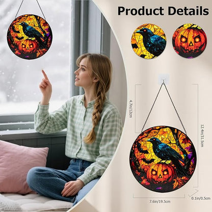 Stained Glass Window Hanging, Halloween Decorations Evil Crow Pumpkin Maple Leaf Suncatcher for Doors Garden Indoor Funny Spooky Sun Catchers Gothic Decor for Women, Men, and Mom 7.8 in