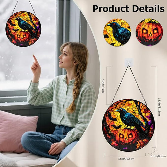 Stained Glass Window Hanging, Halloween Decorations Evil Crow Pumpkin Maple Leaf Suncatcher for Doors Garden Indoor Funny Spooky Sun Catchers Gothic Decor for Women, Men, and Mom 7.8 in